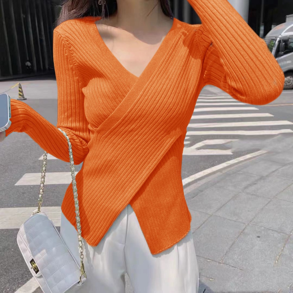 Áo sweater Dệt Kim Tay Dài Cổ Chữ V Màu Trơn Thời Trang Xuân Thu Cho Nữ