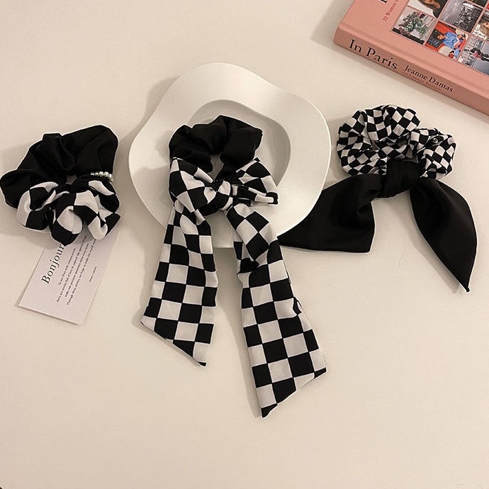 Dây Buộc Tóc Họa Tiết Sọc Caro Trắng Đen Đơn Giản Thời Trang Hàn Quốc