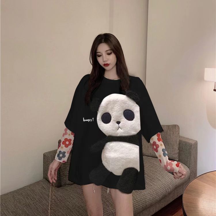 Áo Thun Cotton Tay Ngắn Dáng Rộng In Họa Tiết Gấu Trúc Hoạt Hình Thời Trang Mùa Hè Cho Nữ
