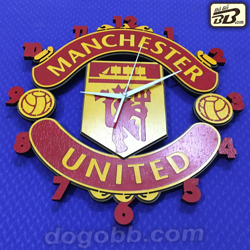 [Giảm giá thần tốc] 40cm Đồng Hồ MU Bóng Đá Logo Clb Manchester United Treo Tường Gỗ Bền Rẻ Đẹp Bản Màu Đỏ Vàng - Đồ Gỗ