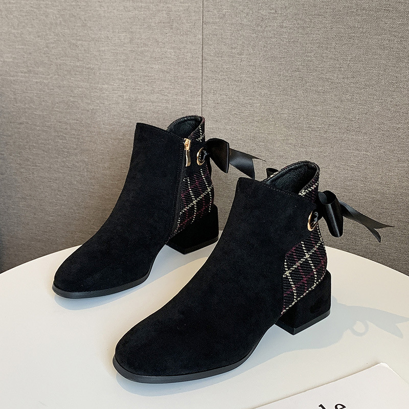 Giày Bốt	 Phong Cách Pháp Cổ Cao Vải Sần đính Nơ