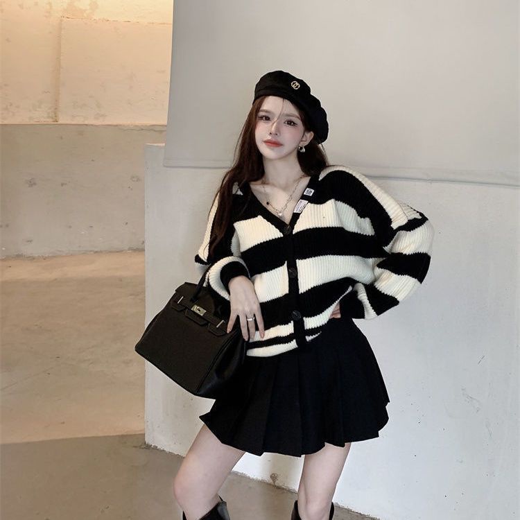 Jiashucheng Áo Khoác Cardigan Dệt Kim Tay Dài Dáng Rộng Họa Tiết Kẻ Sọc Phong Cách Retro Nhật Bản