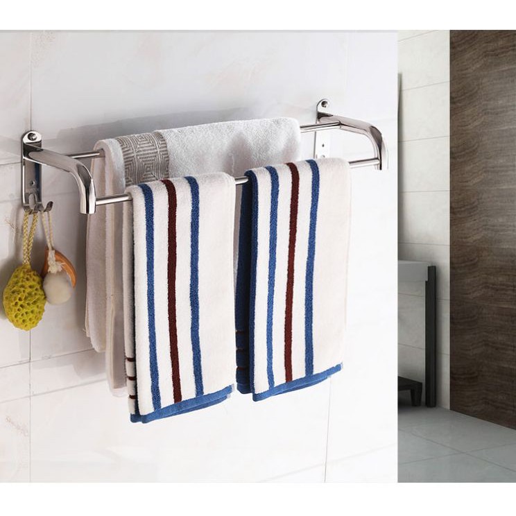 Giá Treo Khăn Phòng Tắm INOX 304, Thanh vắt khăn đôi nhà tắm kích thước 60cm lắp đặt dán tường gạch men - TTD60
