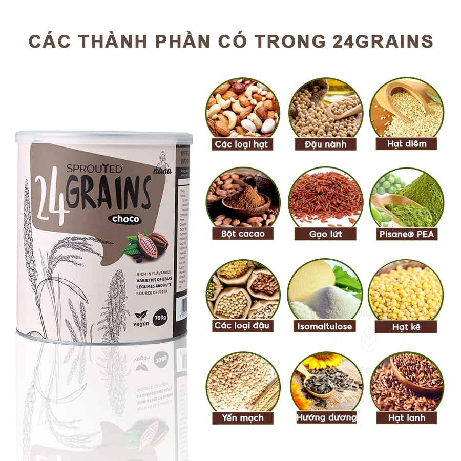 Sữa Hạt 24 GRAINS làm từ 24 loại hạt cho mẹ bầu, người tiểu đường tim mạch ăn kiêng ăn chay Vị Cacao Hộp 700g