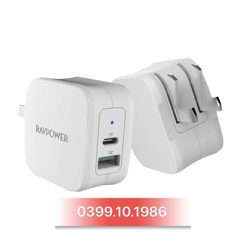 Củ sạc 2 cổng RAVPower chính hãng, sạc nhanh 2 cổng USB và PD 3.0 max 18w