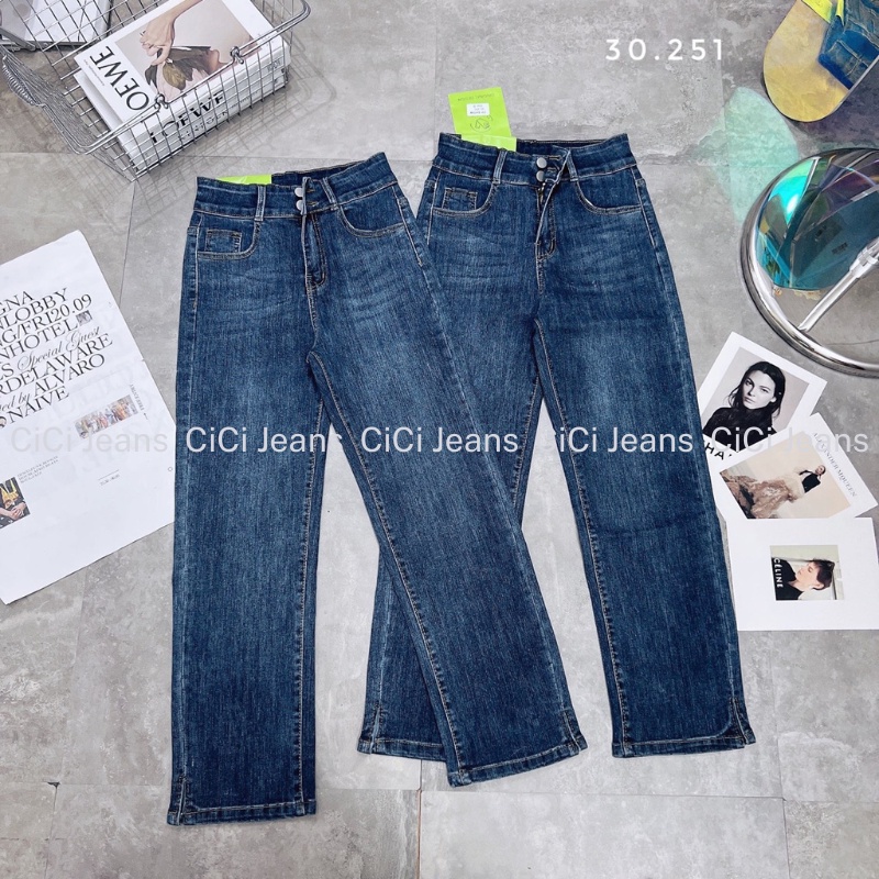 Quần Jean Nữ Ống Đứng Xẻ Gấu CiCi, Quần Bò Xẻ Tà Lưng Cao 2 Khuy Phong Cách Hàn Quốc