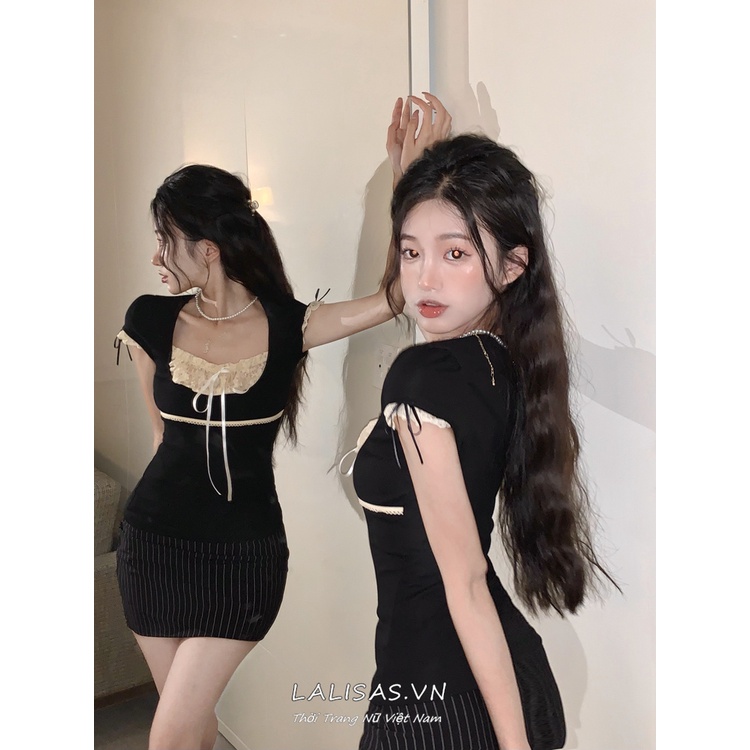 Áo Thun Ngắn Tay Phối Ren + Chân Váy Lưng Cao Kẻ Sọc Thời Trang Hàn Quốc Cho Nữ
