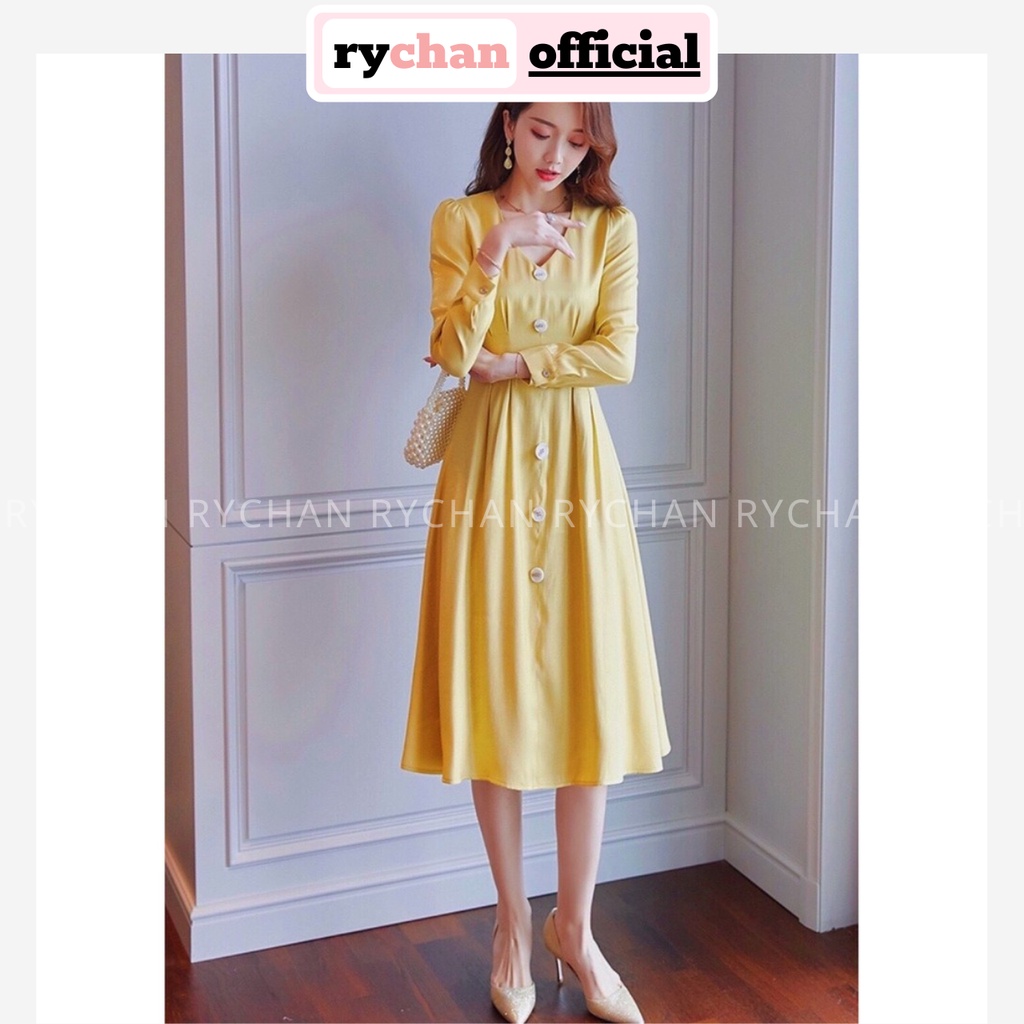 Đầm Xoè Vàng Đính Cúc Cổ Tim Form Dài - DX066