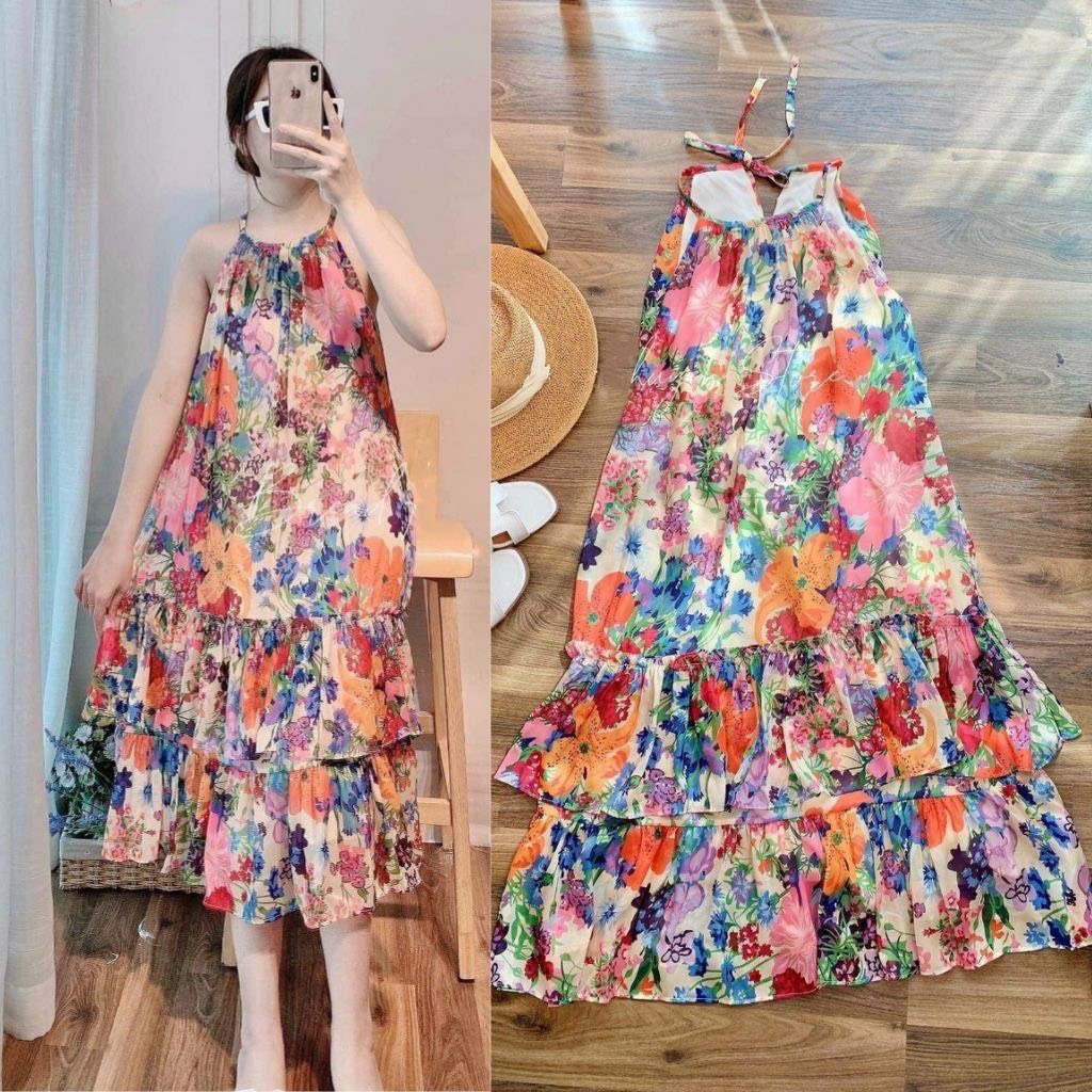 Váy bầu đầm bầu hoa hai dây lụa tơ 2 lớp dễ thương cho chị em đi biển, đi chơi mặc thoải mái