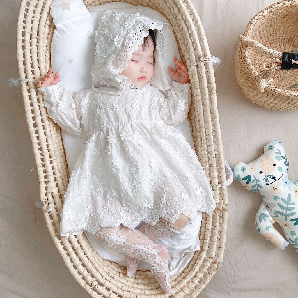 Bộ Đầm Ren Dài Tay + Mũ Màu Trơn Đáng Yêu Cho Bé Gái