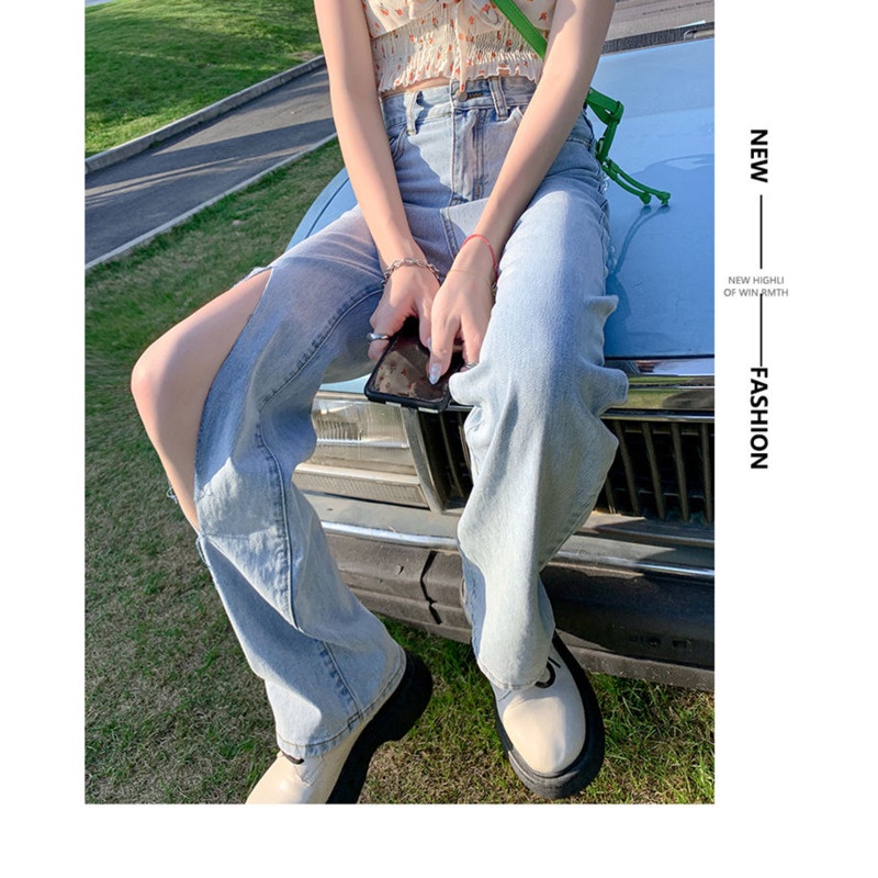 Quần Denim Lưng Cao Ống Rộng Thời Trang Cá Tính 156365 Quần Dài Rách Gối Phong Cách Hàn Quốc Thời Trang Cá Tính