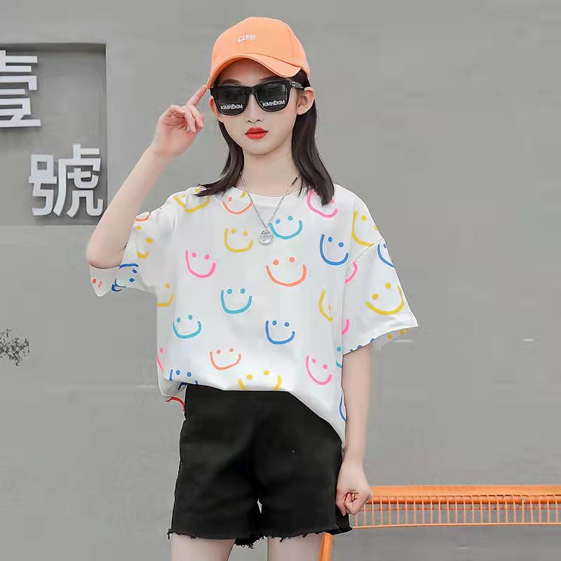 Áo Thun Tay Ngắn Dáng Rộng In Hình Mặt Cười Nhiều Màu Sắc Thời Trang Cho Bé Gái 7-11 Tuổi