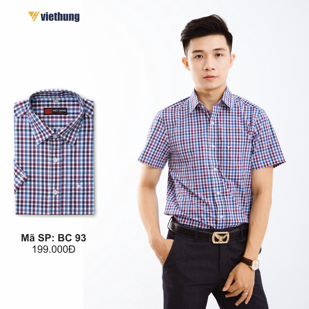 Áo Sơ Mi Nam Công Sở Thương Hiệu Việt Hưng Họa Tiết Caro Xanh Đen Đỏ Ngắn Tay Vải Cotton - BC93