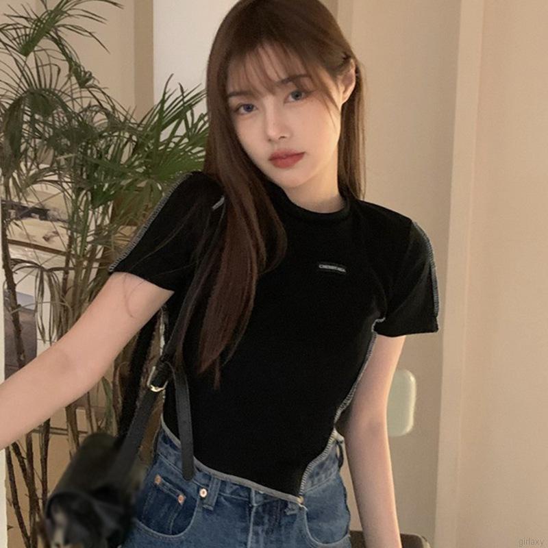 Áo Thun Crop Top Tay Ngắn Cổ Tròn Lệch Tà Kiểu Hàn Quốc Thời Trang Mùa Hè Cho Nữ