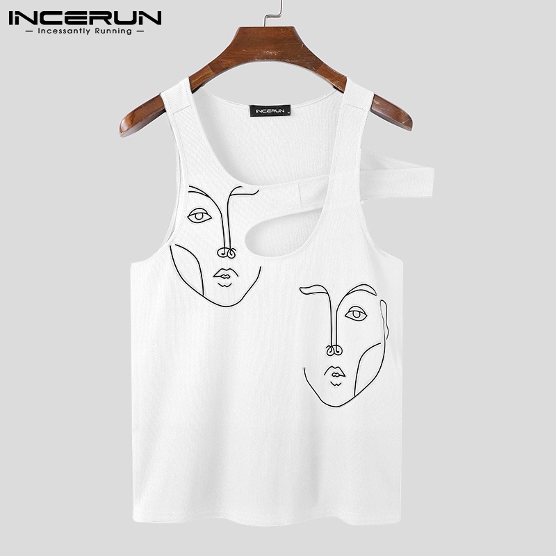 Áo tanktop INCERUN dành cho nam thiết kế không tay cắt lỗ in hình thời trang