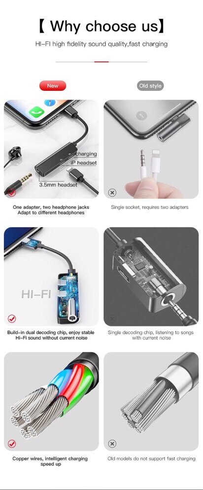Chính hãng Jack Chia 3 cổng 3in1 2 cổng 1 Cổng 3.5 Baseus L52 Vừa sạc vừa nghe nhạc cho IP