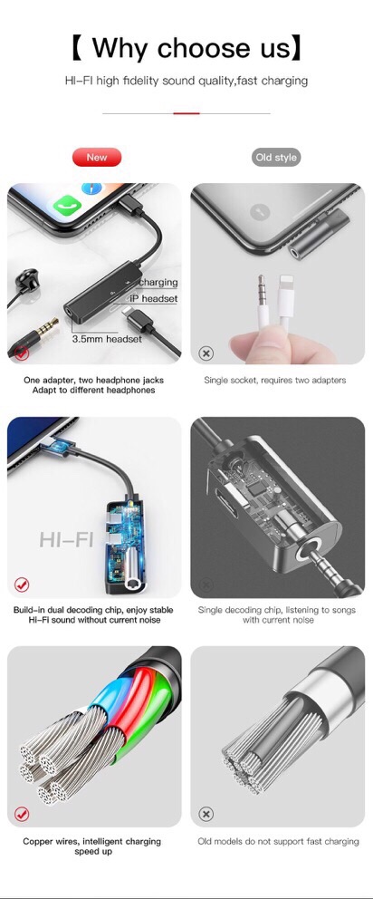 Chính hãng Jack Chia 3 cổng  3in1 2 cổng Lightning 1 Cổng 3.5 Baseus L52 Vừa sạc vừa nghe nhạc cho IPhone