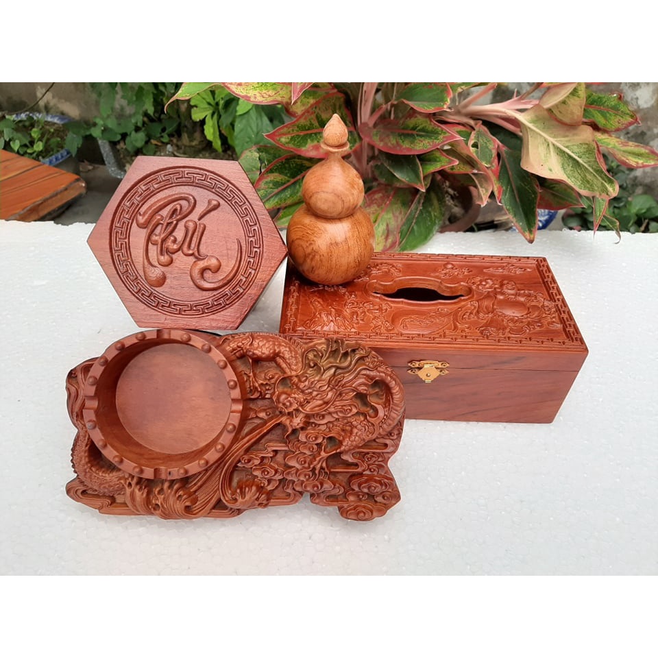 Bộ ba tiện ích hộp giấy ăn rồng phượng,hộp trà trung trạm chim hoa kèm hũ đựng tăm - C3TNRP12