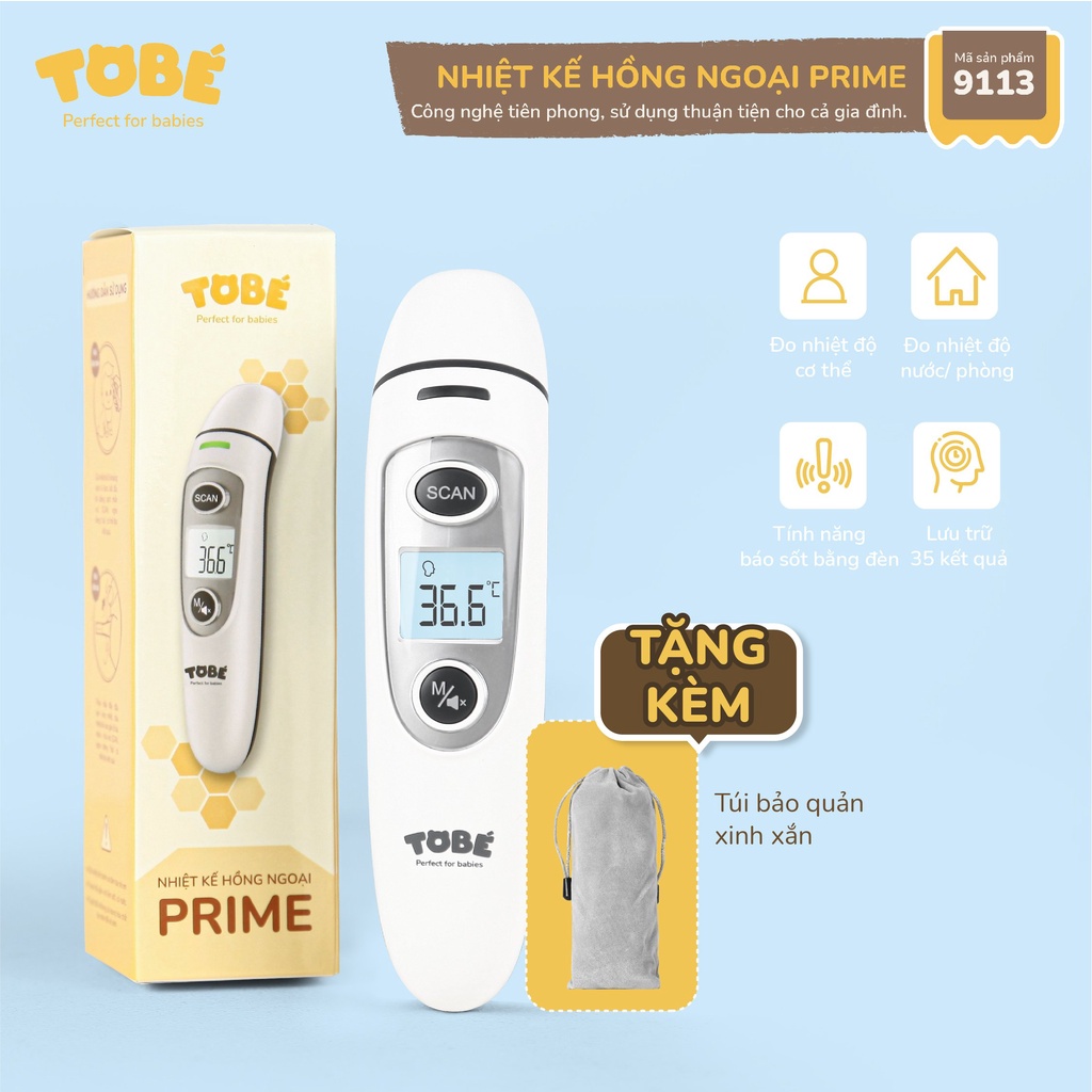 Nhiệt kế hồng ngoại Prime Tobé đo tai,đo trán, đo nhiệt độ cơ thể phòng nước thức ăn kết quả chính xác tới 0.1 độ