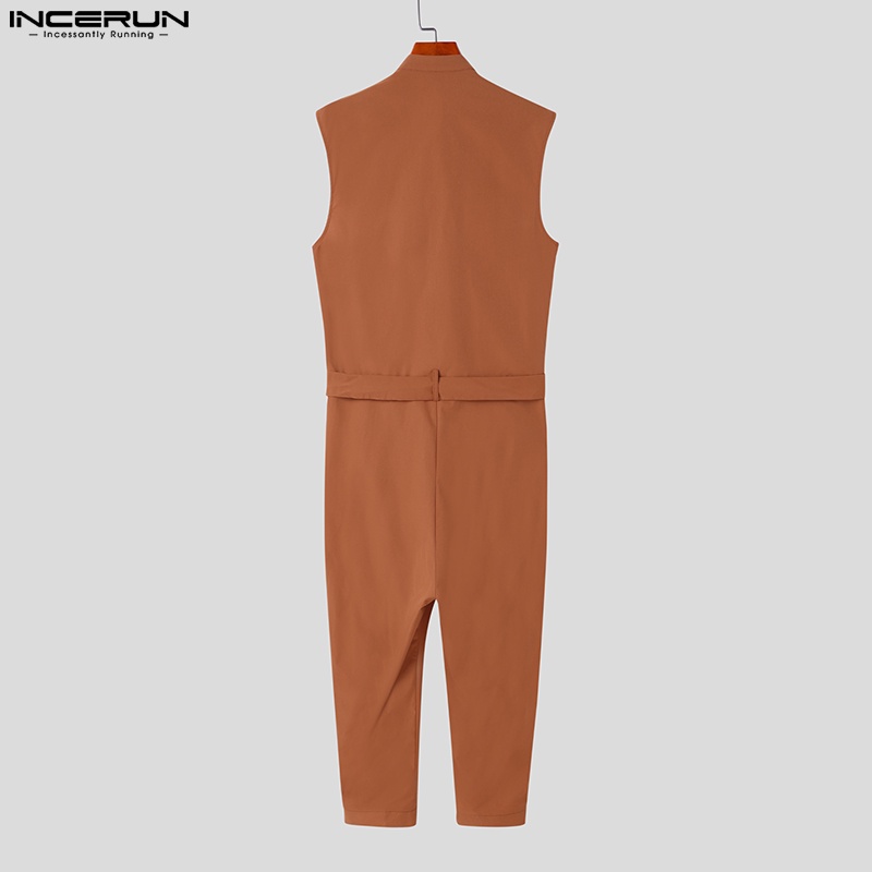 Áo liền quần INCERUN sát nách màu trơn có dây thắt lưng dành cho nam