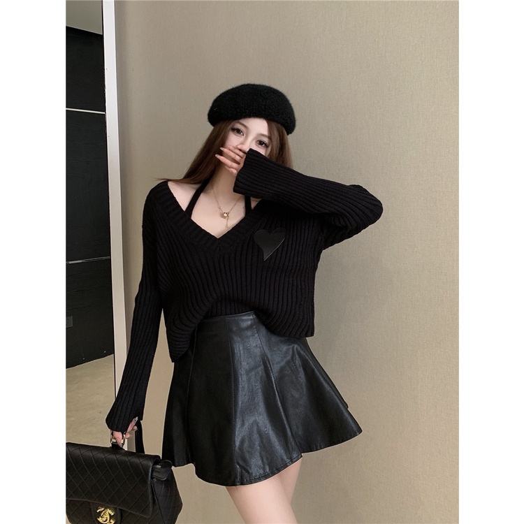 áo len cổ chữ V trễ vai + chân váy da thời trang nữ (có bán lẻ)