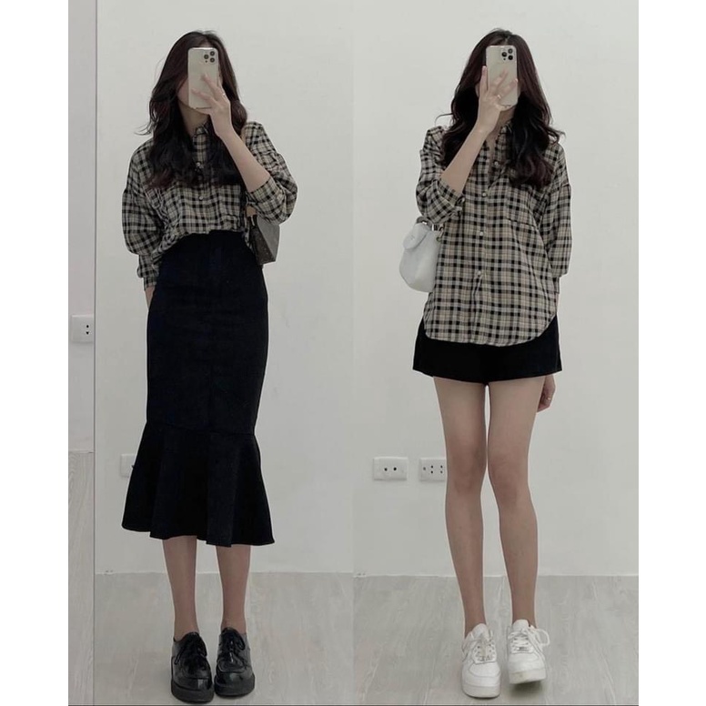 Áo sơ mi caro 2 túi nắp kẻ Nâu NHÀ NỲ