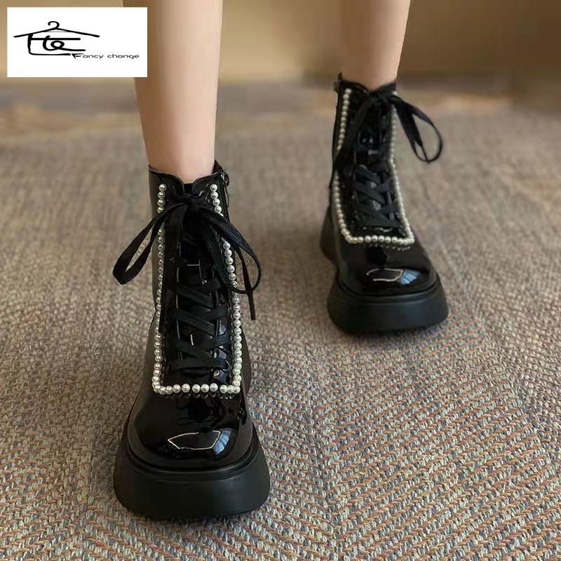 Giày Boot Martin Cổ Ngắn Đế Dày Đính Ngọc Trai Phong Cách Anh Quốc Thời Trang Mùa Hè Mới 2021 Dành Cho Nữ