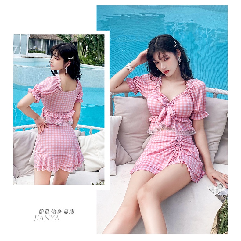 Bộ đồ bơi nữ bikini croptop caro hồng phối ren siêu xinh tôn dáng năng động