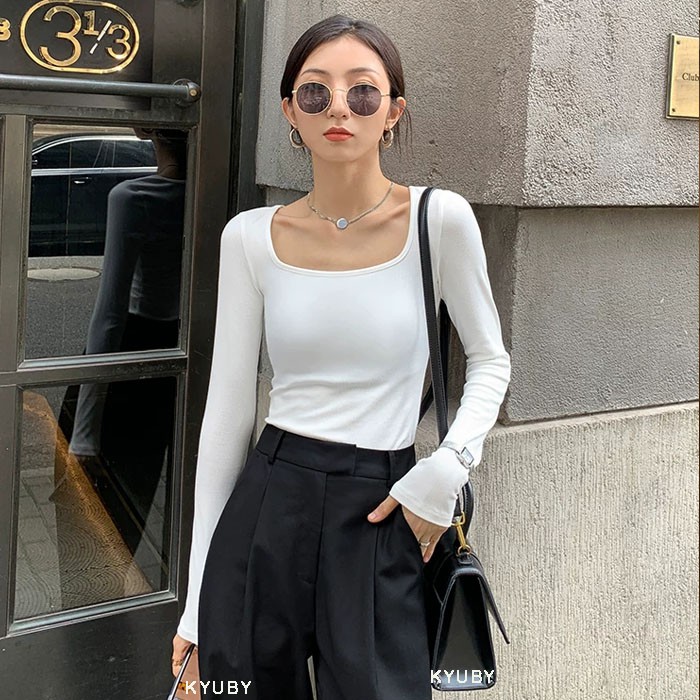 Áo croptop tay dài cổ vuông KYUBY Áo Thun dài tay cổ vuông dáng croptop