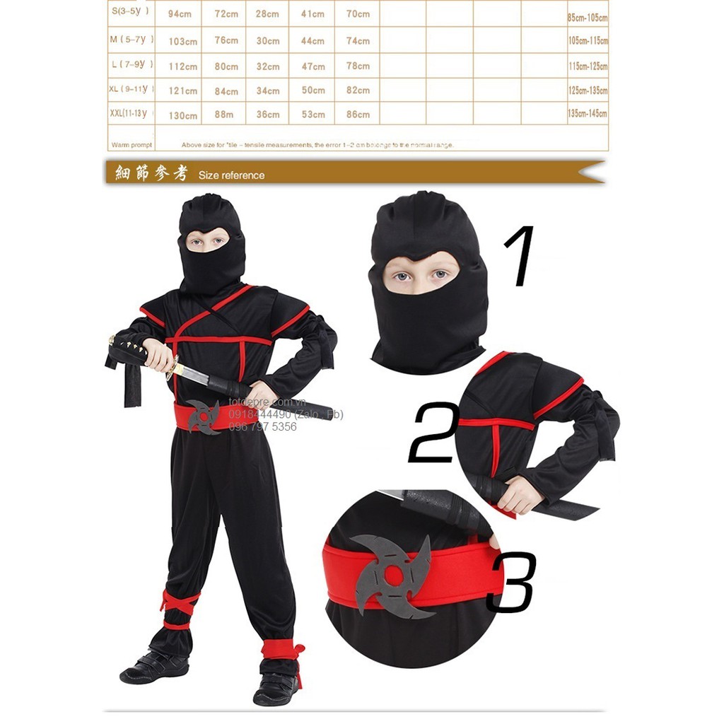 Bộ hóa trang Ninja kiểu quần áo liền thân kèm mũ chùm đầu, đai cho bé