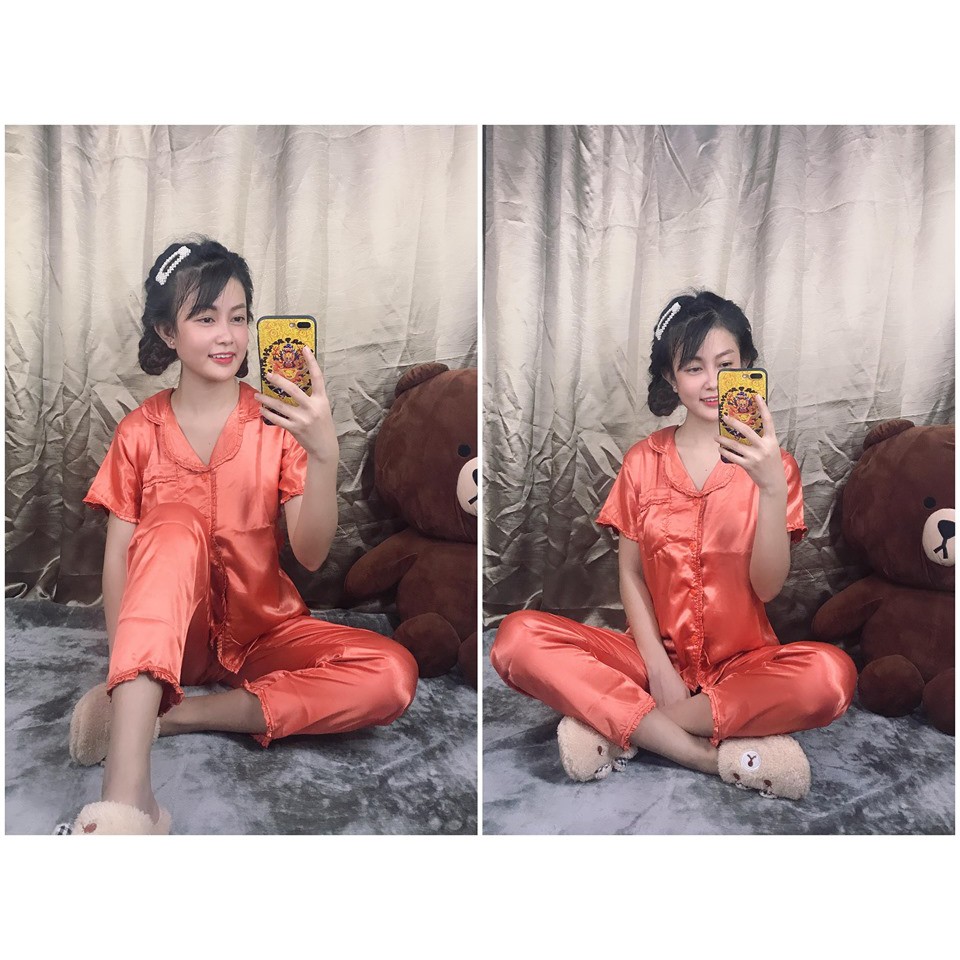 Set Đồ Bộ Nữ Pijama Tay Ngắn Quần Dài Phi Lụa Cao Cấp Phối Bèo Hàng Đẹp Chuẩn Shop _ Kèm Hình Chụp Thật
