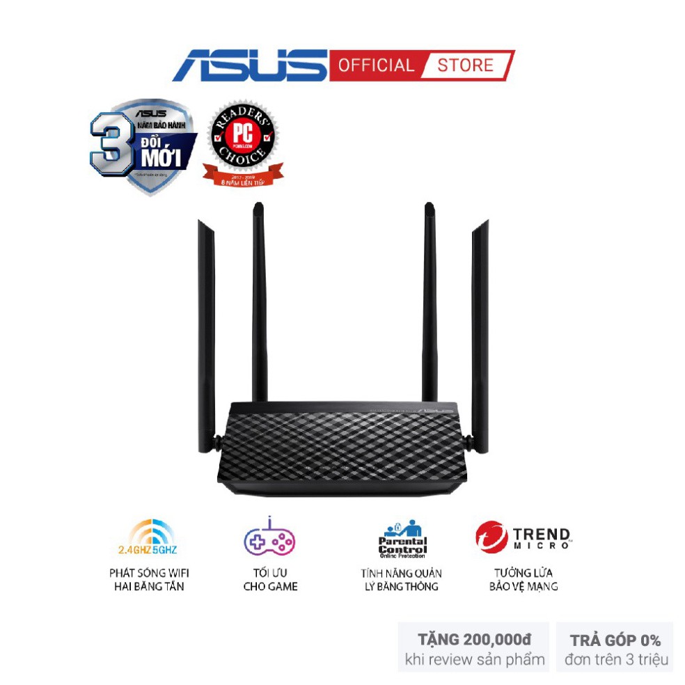 [MÃ ELBAU5 Giảm tới 500K] Bộ phát sóng (Router) Wifi băng tần kép ASUS RT-AC1200 V2