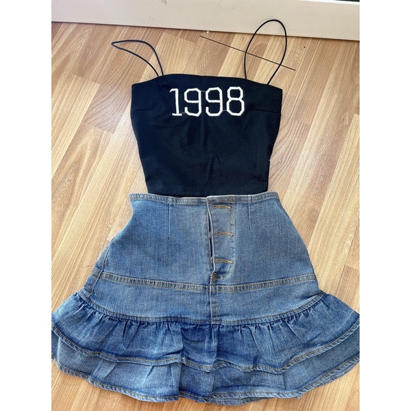 Set áo 2 dây 1998 và chân váy jean tầng siêu hot alohashop91