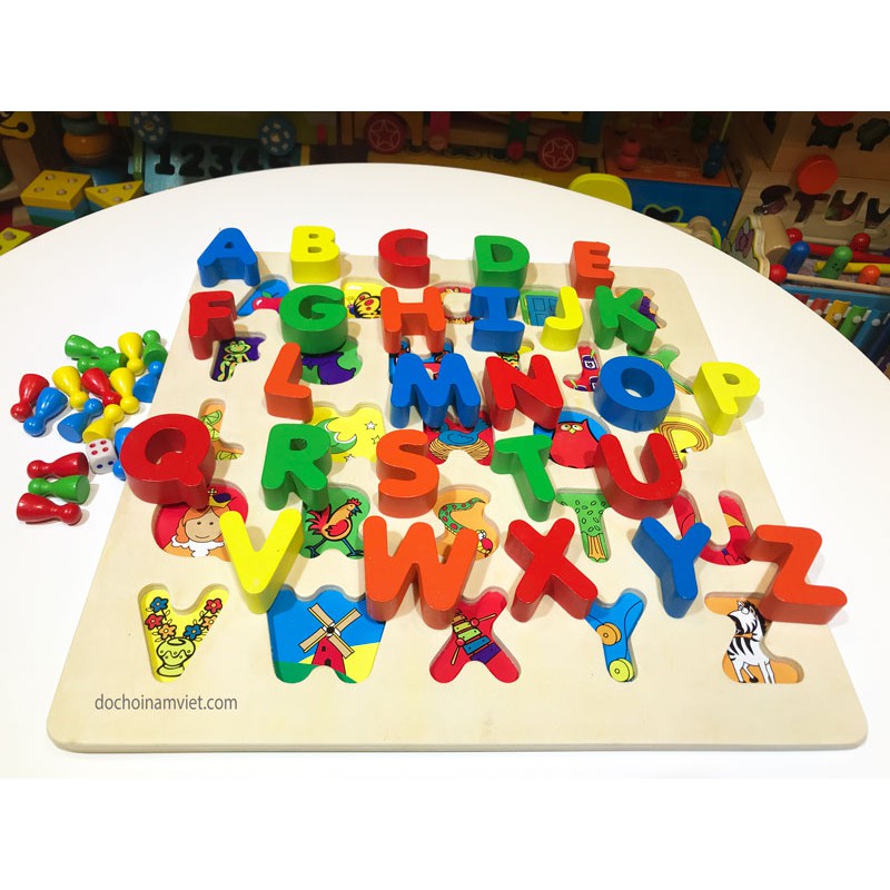 Bảng học chữ Tiếng Anh kết hợp bàn cờ cá ngựa (tứ mã) đồ chơi gỗ
