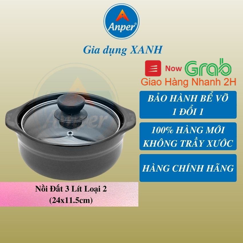 Nồi Đất Lòng Sâu 3 Lít Anper Nắp Kính Tráng Men Chống Dính , Kho Cá Kho Thịt Kiểu Dáng Hiện Đại , nồi đất nấu mì cay