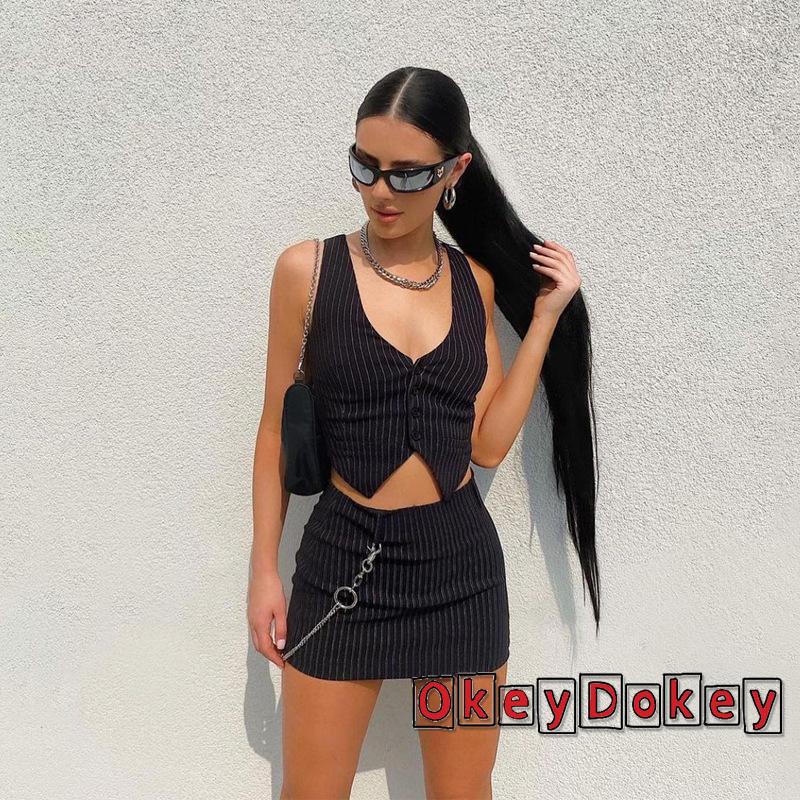 Set áo tank top kèm chân váy chữ A họa tiết kẻ sọc màu đen thời trang cho nữ