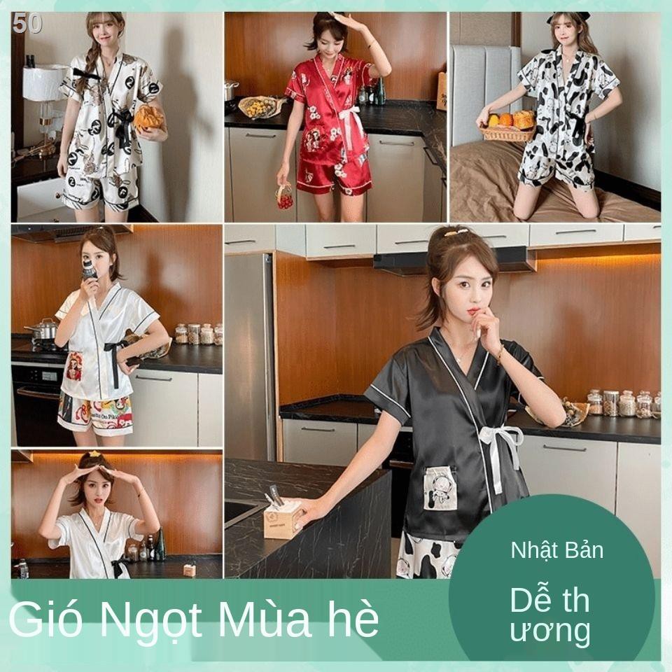 Bộ đồ ngủ nữ lụa băng Nhật Kimono với tay ngắn Mùa hè mỏng hai- mảnh mô phỏng phục vụ sinh viên tại nhà của Hàn Qu