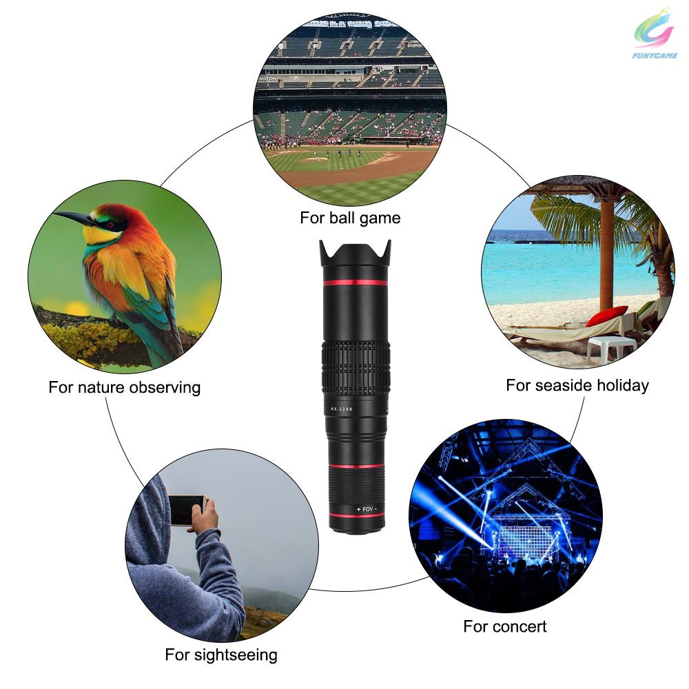 FY Portable Clip-on Phone Camera Lens Kit 22X Zoom Telephoto Lens Mobile Phone Zoom Telescope Adjustable Smartphone Lens Support Naked Eye Observation with Tripod for iPhoneX/8/7/6 Samsung Huawei Smartphone