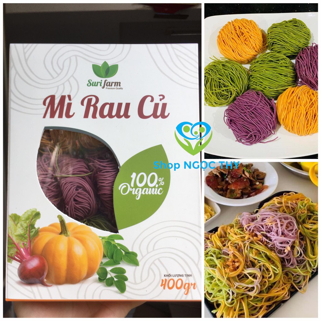 Mì rau củ hữu cơ 3 màu Surifarm 400gr/hộp (mỳ bí đó, rau chùm ngây, củ dền)