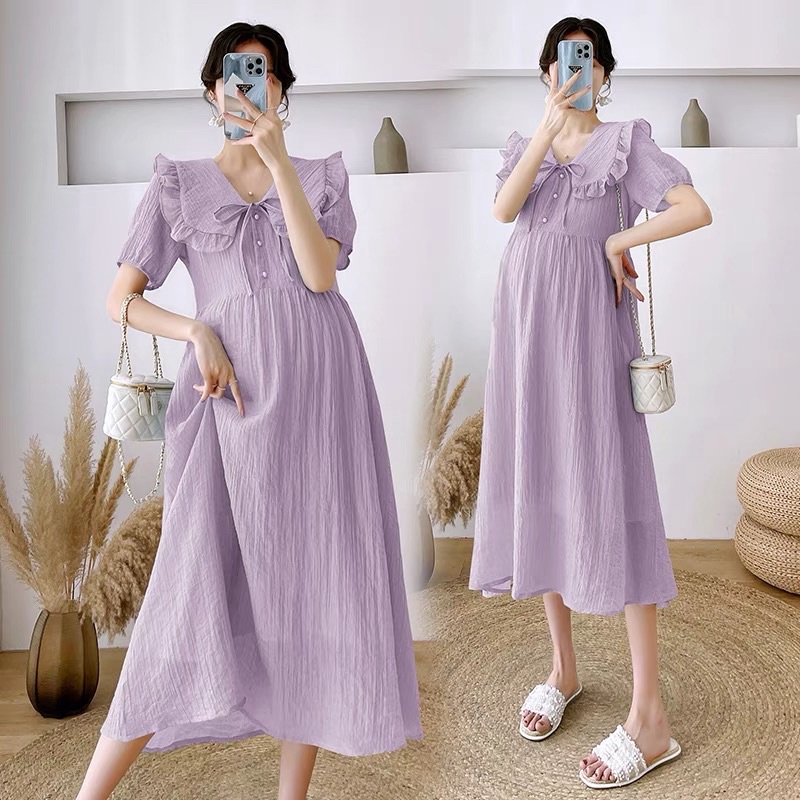 Váy bầu đũi, Đầm bầu Cổ V Màu Tím Pastel