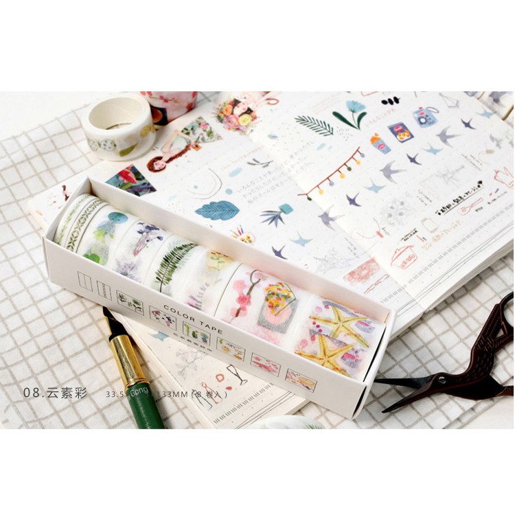 [Michi Art Store] Set Washi masking tape 8 cuộn băng dính trang trí theo tông màu phong cách Nhật Bản