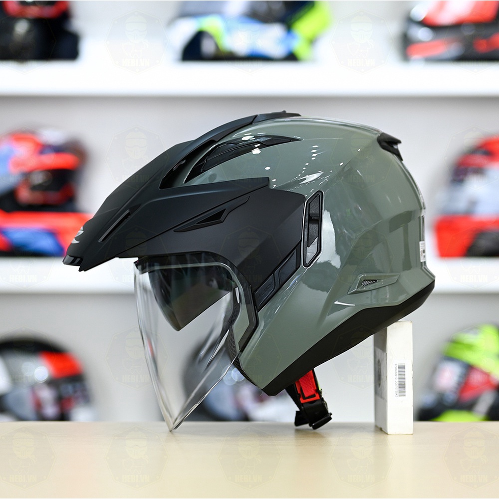 Mũ 3/4 2 Kính Zeus 613B Xám Bóng Tặng Kèm Mái Che Có Thể Tháo Rời