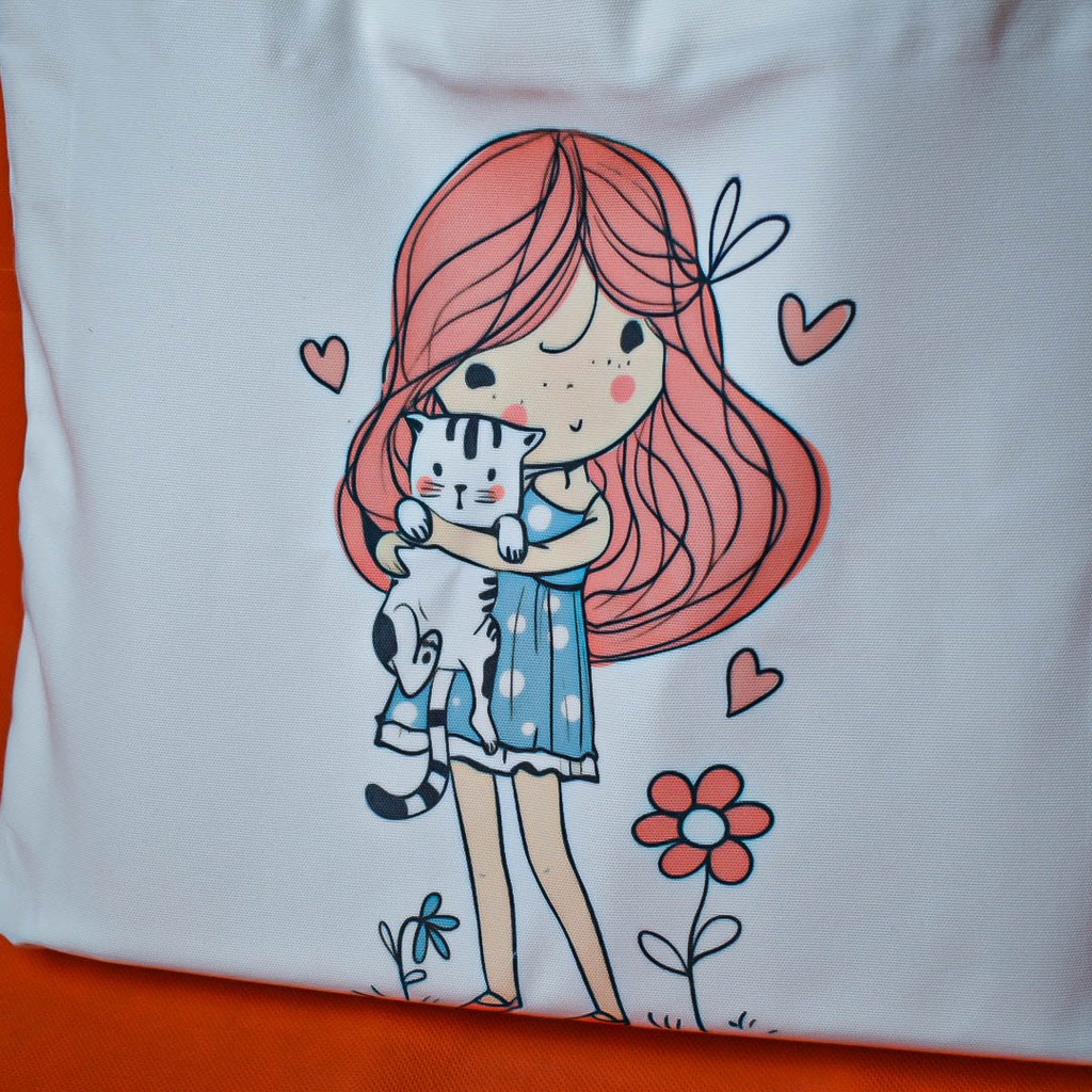Túi Tote Quai Tròn In Hình Cô Gái Nét Vẽ
