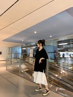 (Order) bigsize Đầm dáng dài đuôi cá phối đen trắng