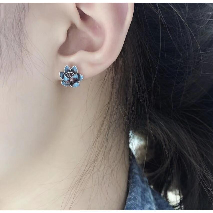 Miyan Bông Tai Mạ Bạc 925 Hình Hoa Sen Xanh Dương Phong Cách Dân Tộc retro Thời Trang Cho Nữ