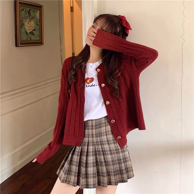 Áo khoác cardigan màu đỏ phong cách Hàn Quốc thời trang nữ tính