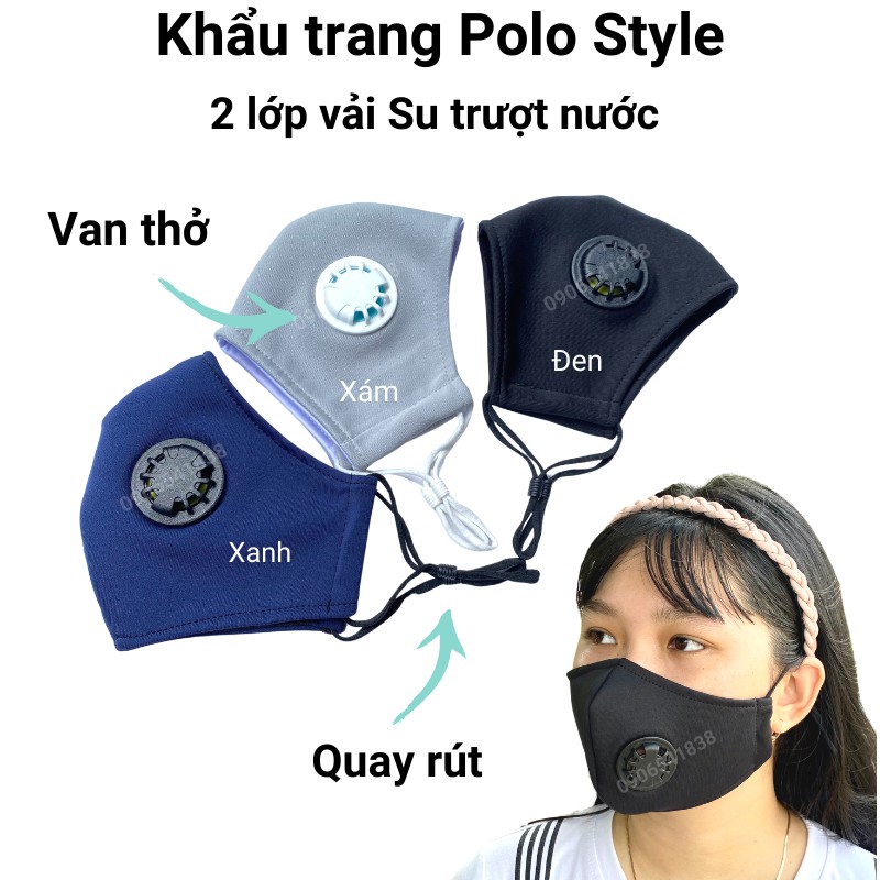 Khẩu trang 2 Van thở Polo Style, 2 lớp vải Su trượt nước, quay đeo dây rút tiện lợi, không đau tai | BigBuy360 - bigbuy360.vn