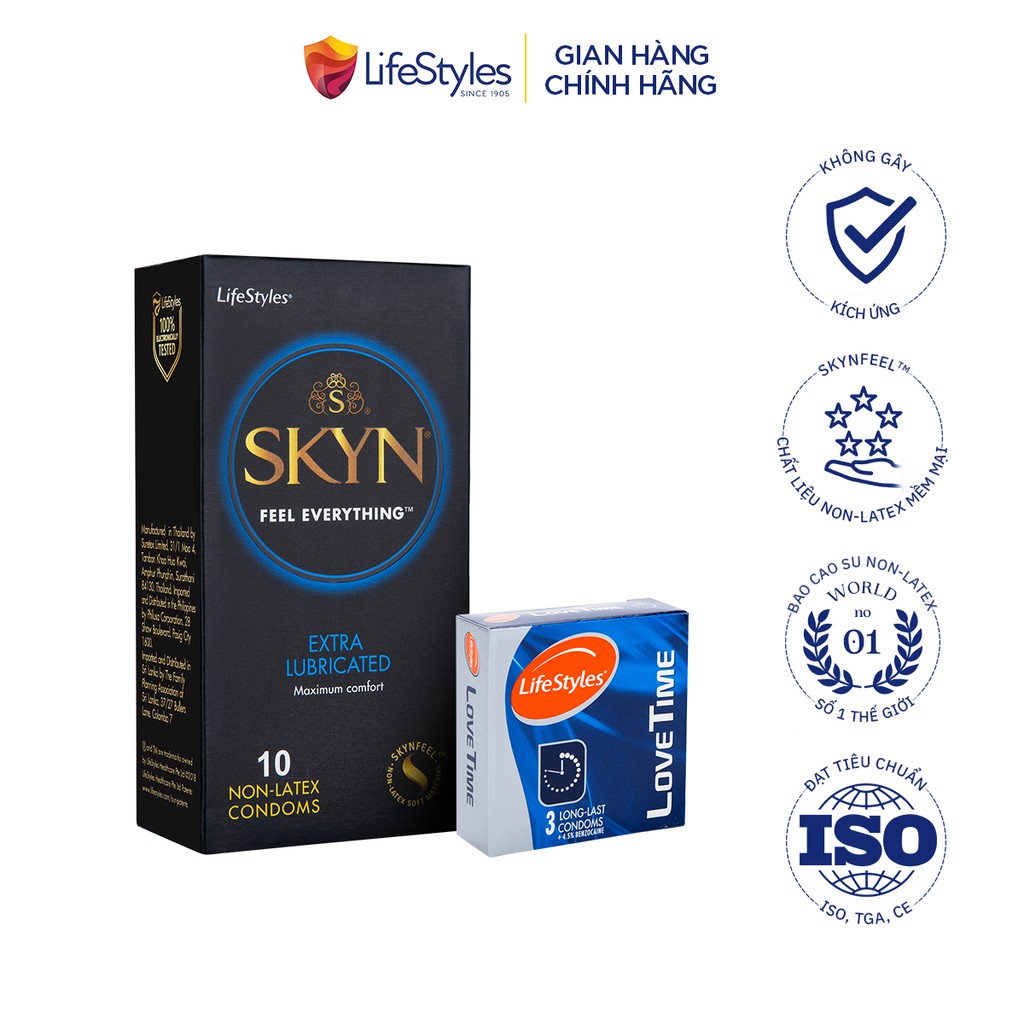 Combo bao cao su SKYN Extra Lubricated Non-latex 10 bao + bao cao su LifeStyles Love Time 3 bao