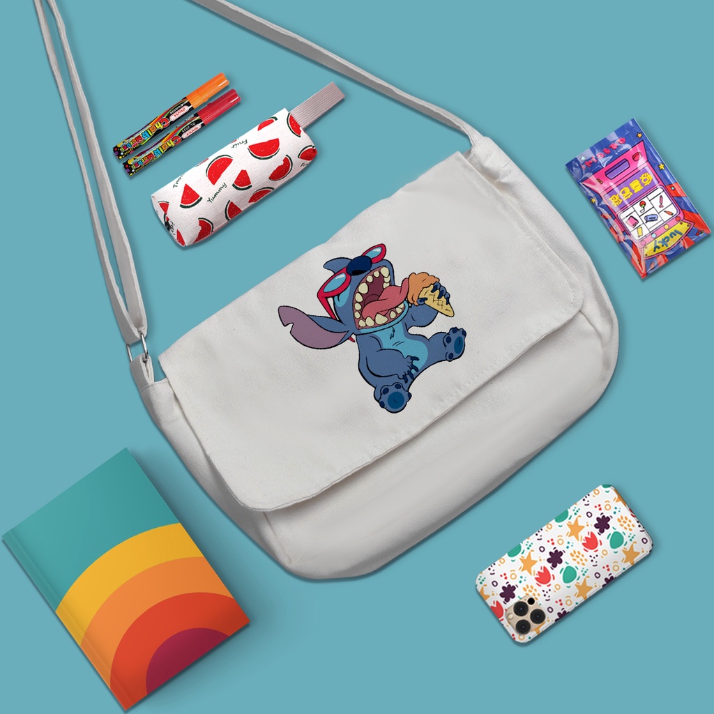 Túi vải đeo chéo đi học thêm in hình Stitch - Túi vải canvas phong cách hàn quốc Ulzzang