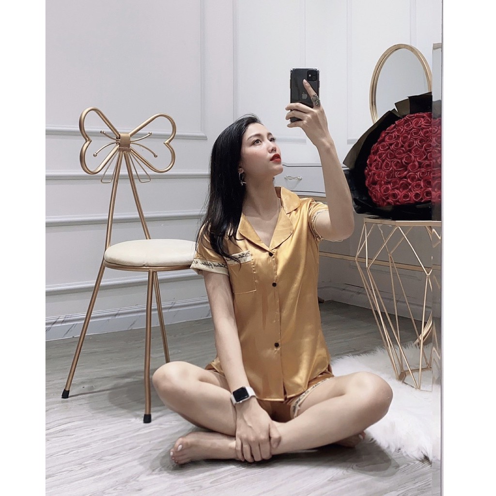 Bộ ngủ lụa satin Pijama phối chữ